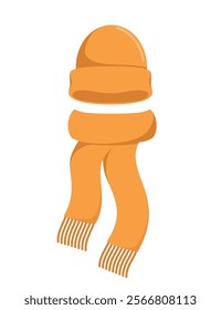 Modern winter knitted hat with pompon and scarf set. Vector