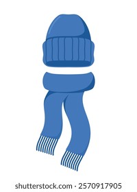 Modern winter knitted hat with pompon and scarf set. Vector