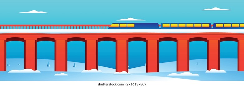 Una ilustración moderna del paisaje del invierno que presenta un tren de alta velocidad que cruza un puente clásico. Diseñada con Formas limpias, colores vibrantes y un estilo plano profesional, esta obra de arte representa la innovación, la conectividad, el progreso y el transporte confiable. Ideal para presentaciones corporativas, Sitios web de negocios, marca de tecnología, visuales de logística y materiales de marketing creativos.