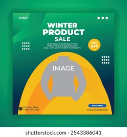 Modern Winter Product Sale Banner Design with Jacket Mockup Discount Template.