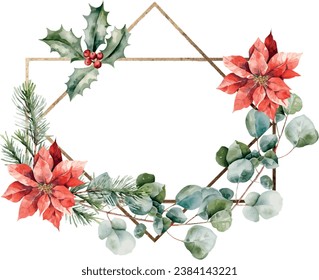 Modern winter Watercolor vector Holly berries, poinsettia, cedar branches, golden borders in rhombus and rectangular shape. Template space for text, message, sign for greeting cards, invitation.