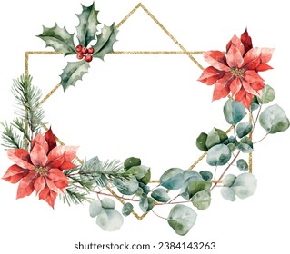 Modern winter Watercolor vector Holly berries, poinsettia, cedar branches, brilliant golden borders in rhombus and rectangular shape. Template space for text, message, sign for greeting cards.