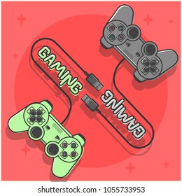 
Modern wired game controllers for PC and console. Green and gray gamepad for a layout or web site in a flat design on a pink background with stars and an inscription. Vector Eps10