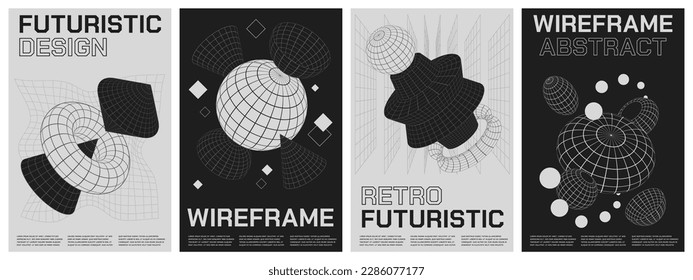 Modern wireframe posters. Retro futuristic modern grid shapes of different sizes, 80s and 90s geometric artwork. Vector brochures design mockup. Illustration of wireframe futuristic psychedelic