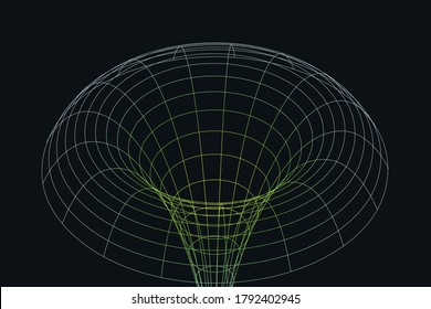 Modern wireframe vector design. 3d abstract elements with connected lines. Grid gradient illustration on black background with blue, green colors