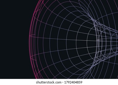 Modern wireframe vector design. 3d abstract elements with connected lines. Grid gradient illustration on black background with pink colors