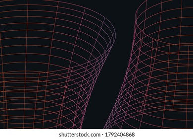 Modern wireframe vector design. 3d abstract elements with connected lines. Grid gradient illustration on black background with pink colors