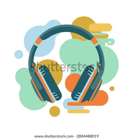 Modern wireless audio headphones listening device concept vector set placed over colorful abstract fluid blob shapes.