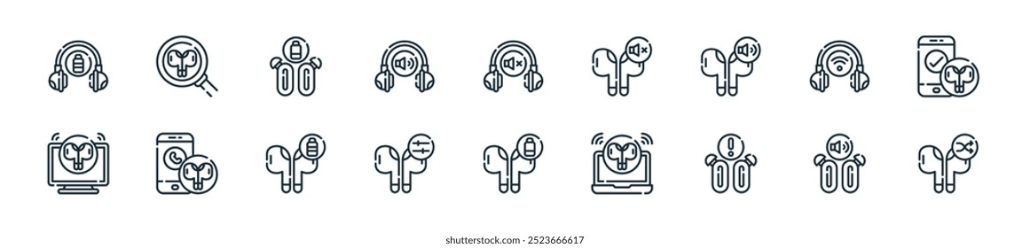 modern wireless audio icon pack. perfect for linear ui designs featuring vector shuffle, volume, alert, laptop, low battery, equalizer, full battery and more icons for mobile and web apps.