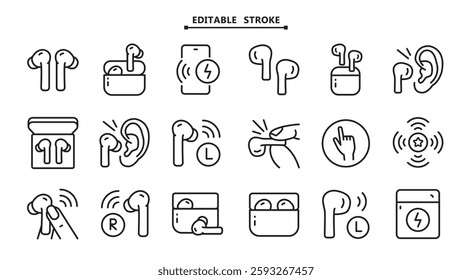 Modern wireless earbud and accessory symbol collection. Suitable for e-commerce product pages, tech blog illustrations, and branding projects for companies in the consumer electronics or wearable technology sector.
