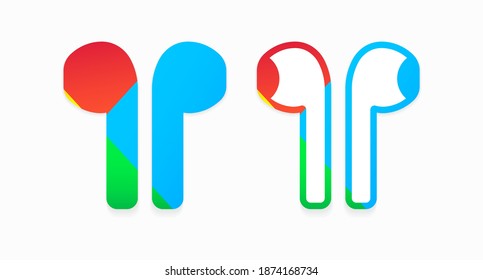 Un conjunto de auriculares inalámbricos de colores aislados en un fondo blanco. Tecnología moderna. Ilustración del vector