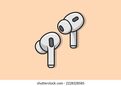 Modern Wireless Headphones pair vector illustration. Recreation technology objects icon concept. White color air pods  for smartphone on light orange background.