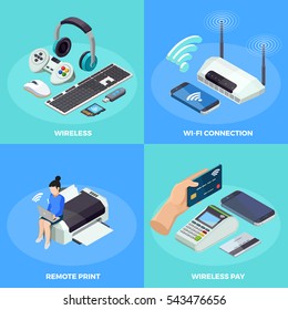 Modern wireless internet connection technology 4 isometric icons square poster with remote printing  and paying isolated vector illustration 