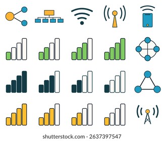Modern Wireless Network and Signal Strength Icon Set – Colorful Flat Design Illustrations Featuring Connectivity, Wi-Fi, Data Transmission, and Signal Bars for Digital UIUX Interfaces