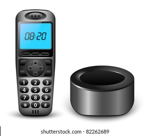 Modern wireless phone with clock on the screen and charger. Vector illustration