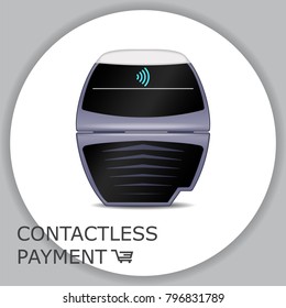 Modern wireless POS terminal for mobile, smartwatch, credit card payments. NFC. Gray circle background. Vector Icon.