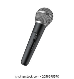 Modern wireless radio microphone for karaoke, talk show, interview or stage performance. Realistic black mic isolated on white background. 3d vector illustration