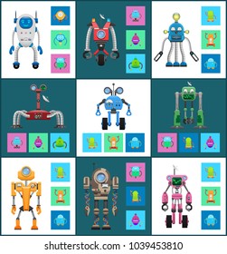 Modern wireless robots with dinstant control set. Powerful smart robots with button panels and multipurpose program isolated vector illustrations set.