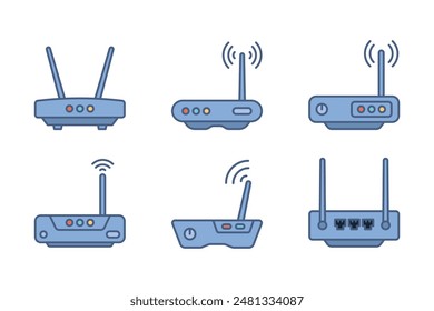 Modern wireless router and access point light blue simple flat illustration set