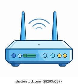 A modern wireless router featuring dual antennas, signal waves, and LED indicators, representing internet connectivity and network technology.