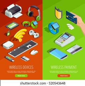 Modern wireless technology internet connection safety and electronic devices 2 vertical isometric banners set isolated vector illustration 