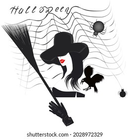 Modern witch in black hat, broom, web, raven, spider - isolated on white background - vector. Mystic. Witchcraft. Halloween party banner