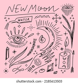 Modern Witch Diary Concept. Girl New Moon Phase Magic Ritual. Female Witchy Hand Drawn Doodles, Herbs, Lavender, Candles And Crystals, Journaling Manifestation, Self Care Cycle. Woman Power, Healing