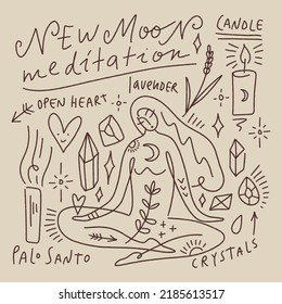 Modern Witch Diary Concept. Girl New Moon Phase Magic Ritual. Female Witchy Hand Drawn Doodles, Herbs, Lavender, Candles And Crystals, Journaling Manifestation, Self Care Cycle. Woman Power, Healing