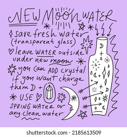 Modern Witch New Moon Water Diary Concept. Magic Crescent Spell Ritual. Woman Healing Life Energy, Vector Illustration. Hand Written Page For Calendar Planner Or Poster.