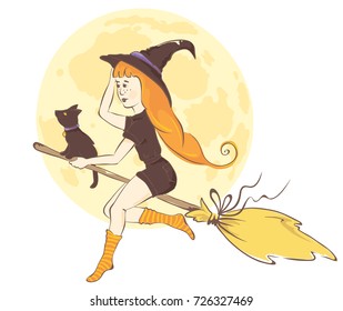 Modern witch / Red-haired girl on a broom with a black cat, vector illustration