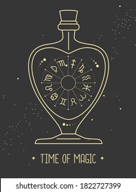 Modern witchcraft magic card with astrology  horoscope wheel in glass bottle on space background. Vector illustration