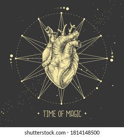 Modern witchcraft magic card with human heart. Astrology love horoscope. Vector illustration