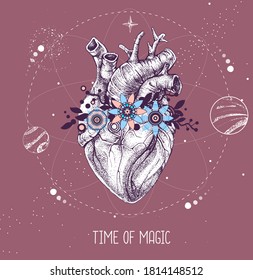 Tarjeta mágica de brujería moderna con corazón humano. La astrología ama el horoscopio. Ilustración del vector