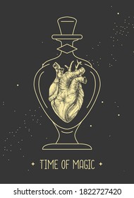 Tarjeta mágica de brujería moderna con corazón humano en botella de vidrio. Ilustración del vector