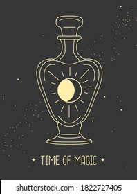 Modern witchcraft magic card with sun and moon in glass bottle on space background. Vector illustration