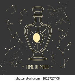 Modern witchcraft magic card with sun and moon in glass bottle. Constellations on space background. Vector illustration