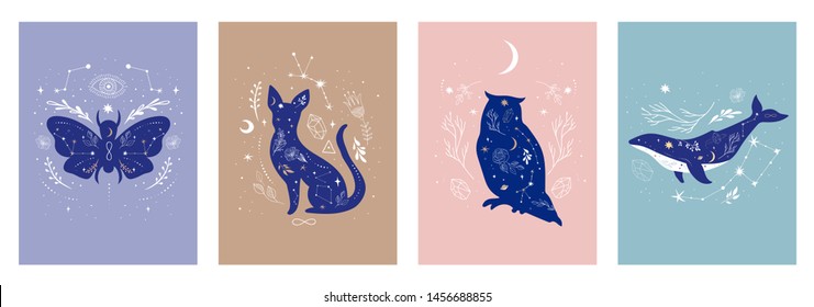 Modern witchcraft and mystic animals. Collection of mystical and magical, astrology illustrations, cards and posters. Stars, constellations, moon, crystals. Flat vector illustration.