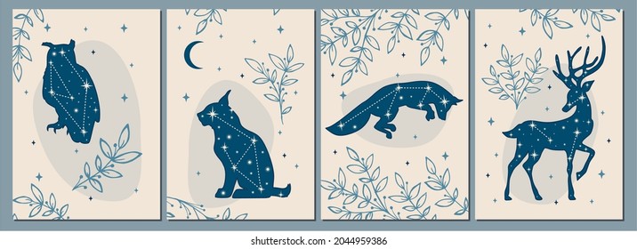 Modern witchcraft and mystic animals. Stars, constellations, herbs, moon. Flat vector illustration. Great design for social media, postcards, print.