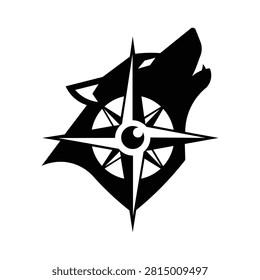 Modern wolf compass logo combining leadership, instinct, navigation, and wilderness adventure concepts in a bold geometric design. Professional vector emblem featuring a wolf silhouette integrated with a compass rose, symbolizing guidance, strength, exploration, loyalty, strategic vision, and resilience. Suitable for outdoor brands, travel companies, security firms, gaming teams, survival businesses, adventure organizations, and corporate identities.
