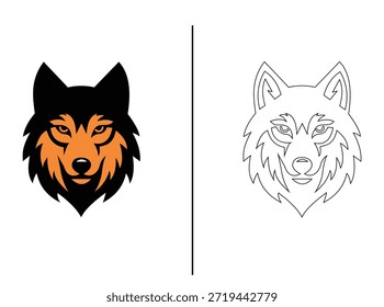 Logotipo moderno de la cabeza del lobo en estilo plano del Vector con el color y la versión del contorno