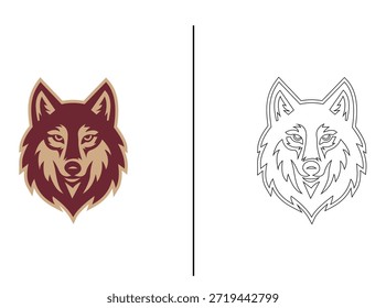 Logotipo moderno de la cabeza del lobo en estilo plano del Vector con el color y la versión del contorno