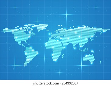 Modern Wolrd Map on Blue Abstract Background. Glow Dot & Table Line, Vector illustration.