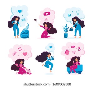 Modern Woman Activities Types Trendy Flat Vector Characters Set. Young Lady Playing with Cat, Streaming Mobile Video Online, Watering Plants, Celebrating Holiday, Shopping Online Isolated Illustration