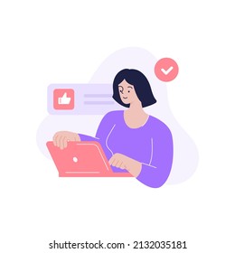 Modern woman browsing internet use laptop communication social networks searching information vector flat illustration. Female freelancer user chatting online digital marketing store shopping isolated