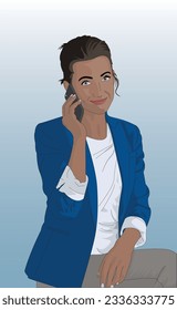 A modern woman in a business suit is talking on the phone. A business lady manages her team by phone. Director's work.
