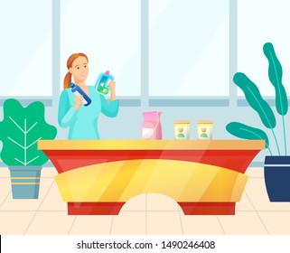 Modern woman buyer choosing household chemical goods in the store. Girl selects fabric softener or washing powder at supermarket, shopping. Vector illustration in flat cartoon style