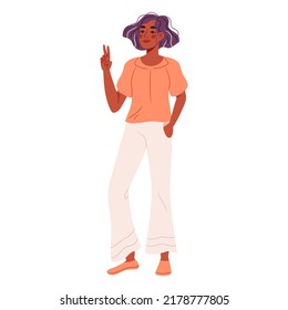 Modern woman in casual summer clothes. Stylish female wearing trendy fashion apparel. Model in loose flared pants, sneakers and hat. Flat vector illustration