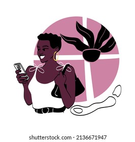 Modern woman concept. Girl in office on phone. Employee on vacation, chatting with friends, social networks and messenger. Video call and internet connection. Cartoon flat vector illustration