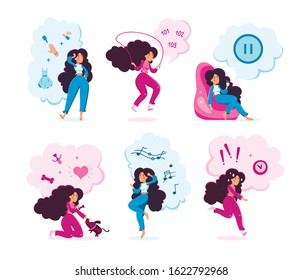 Modern Woman Daily Routine Trendy Flat Vector Characters Set. Young Lady Choosing Makeup, Doing Fitness Exercises, Relaxing at Home, Feeding Pet, Enjoying Music, Feeling Worries Isolated Illustration