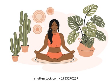 Modern woman with dark hair sitting in her room, practicing yoga and enjoying meditation.Concept for yoga, meditation, relax, recreation, healthy lifestyle, stay home. Vector illustration